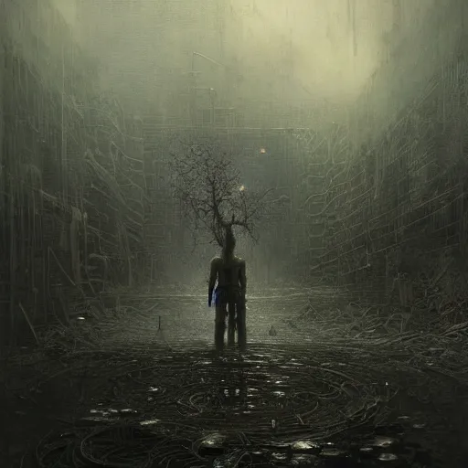 Image similar to lost and alone in an industrial wasteland by gustave dore and gustave moreau and beksinski and giger and craig mullins and jeremy mann