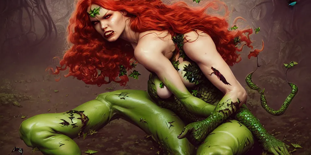 Image similar to poison ivy fighting killer croc DC comics, action and battle pose, illustration, symmetrical face and body, realistic eyes, artstation, cinematic lighting, hyperdetailed, detailed realistic symmetrical eyes, cgsociety, 8k, high resolution, Charlie Bowater, Tom Bagshaw, Norman Rockwell, insanely detailed and intricate, sewer background