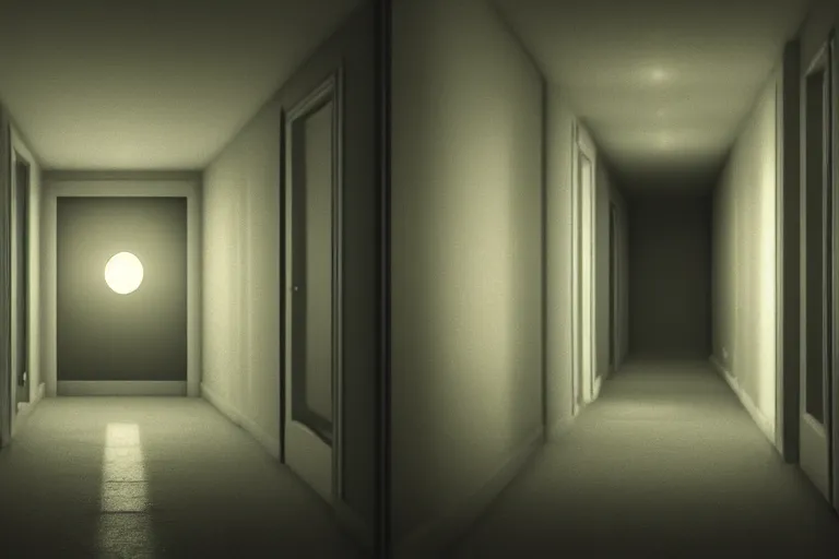 Prompt: a hallway of a suburban house at night. moonlight shines through the window at the end. a translucent shadow man walks down the hallway. digital art 4 k