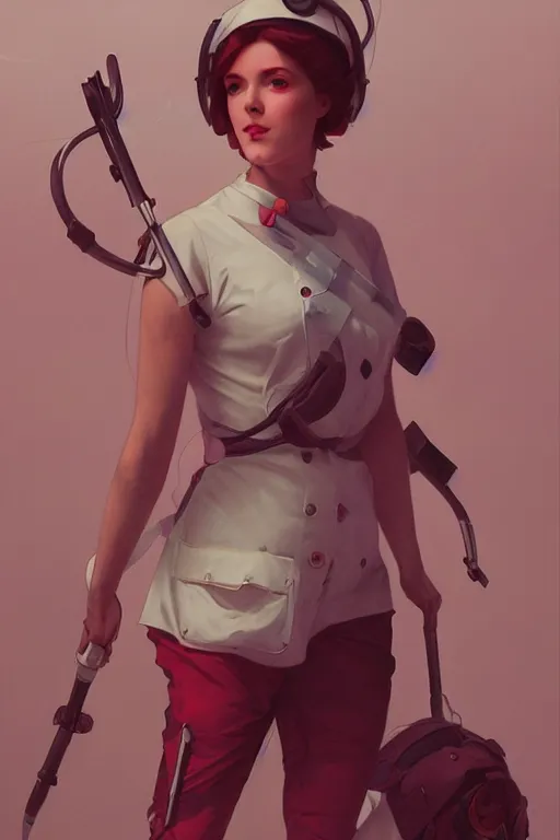 Image similar to covid - 1 9 nurse preparing for battle, pink and white and red, by tom bagshaw and alphonse mucha and atey ghailan and artgerm and and greg rutkowski, hyper realistic, octane render, trending on artstation