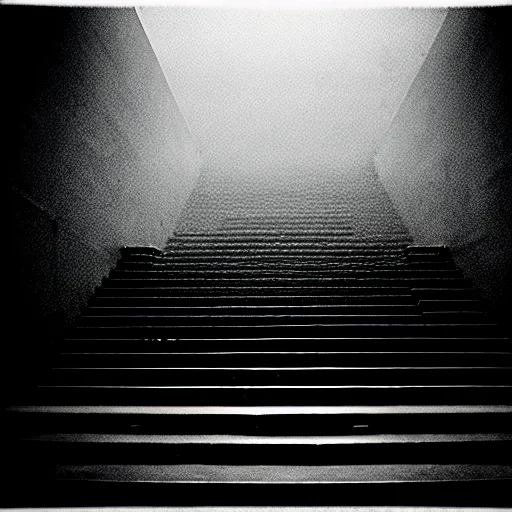 Image similar to black and white surreal photograph, highly detailed vast space made of stairsteps, sideview, detailed textures, natural light, mist, architecture photography, film grain, soft vignette, sigma 1 4 mm f / 1. 4 1 / 1 0 sec shutter, imax 7 0 mm footage