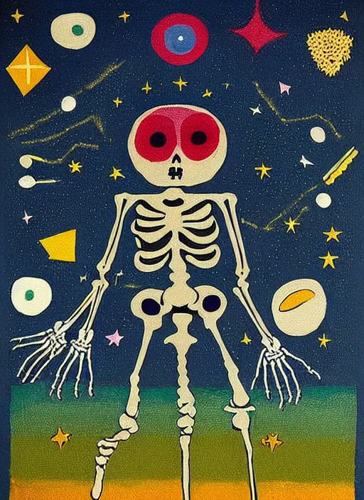 Image similar to pixel decollage painting tarot magician card composition wonky alien skeleton cook with knives in a dark green cloudy night sky with golden foil stars, occult symbols and tears, mountain lake and blossoming field in background, painted by mark rothko, helen frankenthaler, danny fox and hilma af klint, very pixelated, naive, expressionism