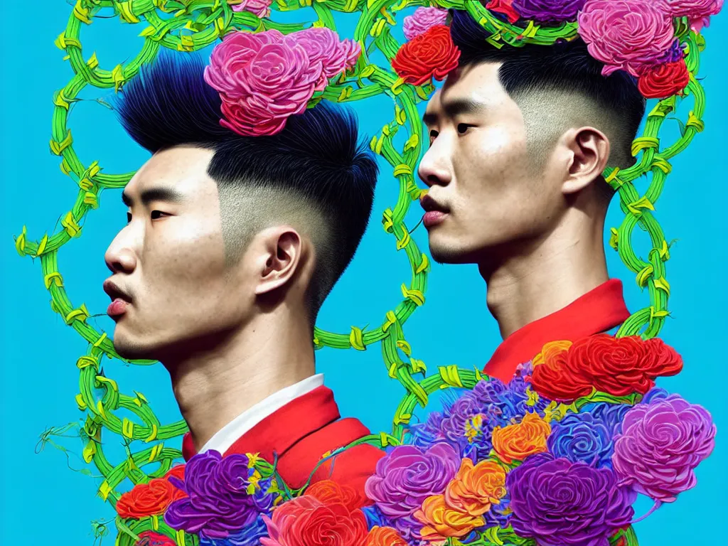 Image similar to colourful vfx art - portrait of south east asian male with military haircut wrapped in flowers & vines, art by hsiao - ron cheng & james jean - presented as magazine collage style, volumetric light, colourful, sharp, detailed, digital painting, illustration, magazine collage, highly detailed, intricate detail, unreal engine, octane render, pinterest, behance, art station