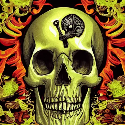 Image similar to skull exploding into mushrooms