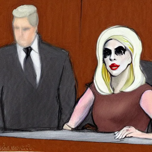 Image similar to courtroom sketch of lady gaga in the witness stand pointing at the hamburgler