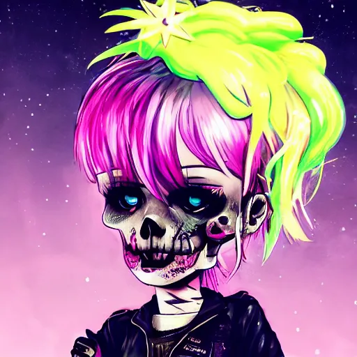 Prompt: portrait of a grungy skull anime and chibi very cute doll by super ss, cyberpunk fashion, nendoroid, kawaii, curly pink hair, night sky, looking up, swirly clouds, neon yellow stars, by wlop, james jean, victo ngai, muted colors, highly detailed