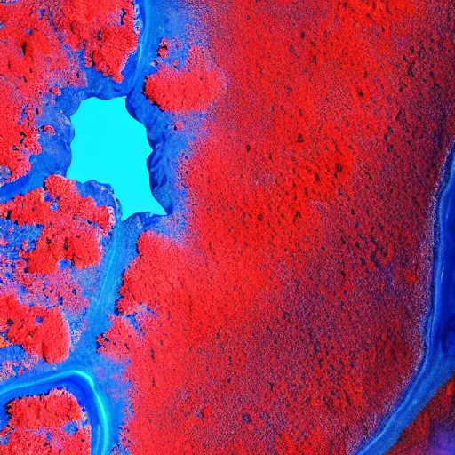 Image similar to a picture of an alien planet, blue planet, red lava rivers, center of the frame