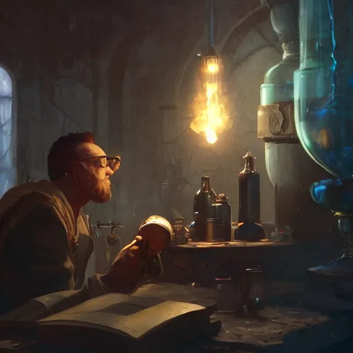 Prompt: An Alchemist inspecting a potion in his hand by Greg Rutkowski, 4k photorealistic, volumetric lighting, HD, high details, dramatic, trending on artstation
