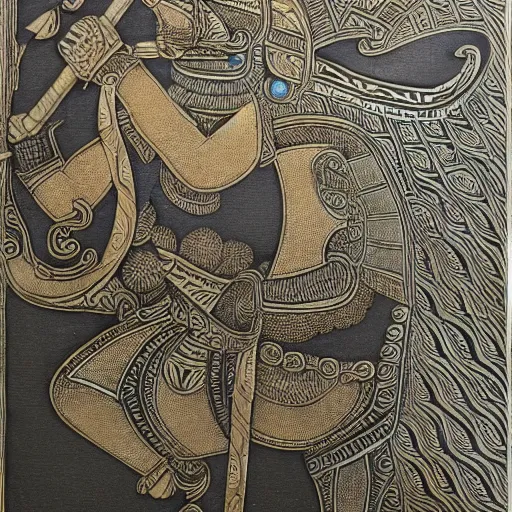 Image similar to tribal art of a warrior riding a bear into battle by japani shyam, highly detailed, very detailed, intricate, 8 k