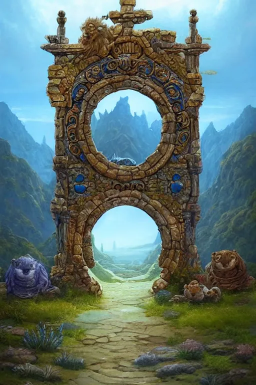 Image similar to A giant medieval fantasy blue energy portal gate with a rusty gold carved lion face at the center of it, the portal takes you to another world, full of colorful flowers on the lost Vibes and mountains in the background, spring, delicate fog, sea breeze rises in the air, by andreas rocha and john howe, and Martin Johnson Heade, featured on artstation, featured on behance, golden ratio, ultrawide angle, f32, well composed, rule of thirds, center spotlight, low angle view