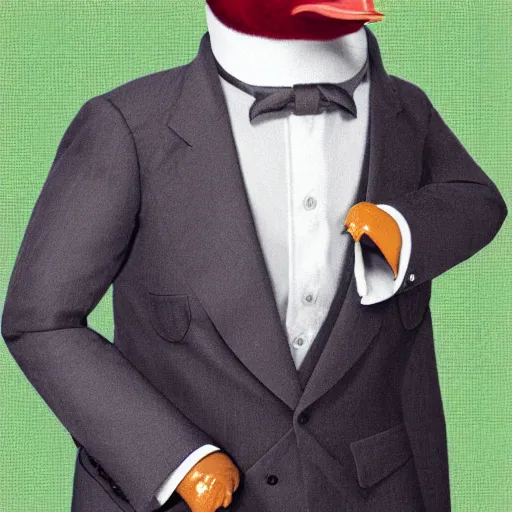 Image similar to a high detail photo of an antropomorphic duck wearing a suit, subject= duck, subject detail: wearing a suit, photorealism