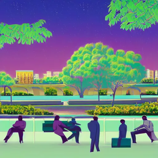 Prompt: art deco vaporwave illustration of a park with trees, benches, and people playing mahjong, with a futuristic pastel city in the background