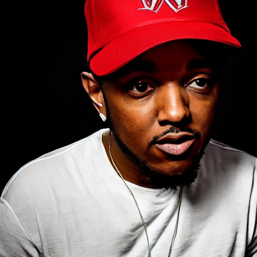 Image similar to kendrick lamar wearing mario hat, studio lighting