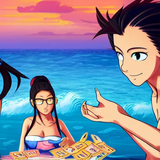 Image similar to aoi asahina from danganronpa, a tanned japanese girl with hair in a high ponytail, and percy jackson playing go fish under the ocean, beautiful digital art