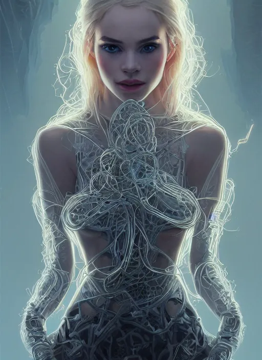 Image similar to symmetry! elsa jean, machine parts embedded into face, tubes and cables, intricate, elegant, highly detailed, digital painting, artstation, concept art, smooth, clockwork, sharp focus, illustration, art by artgerm and greg rutkowski and alphonse mucha, 8 k