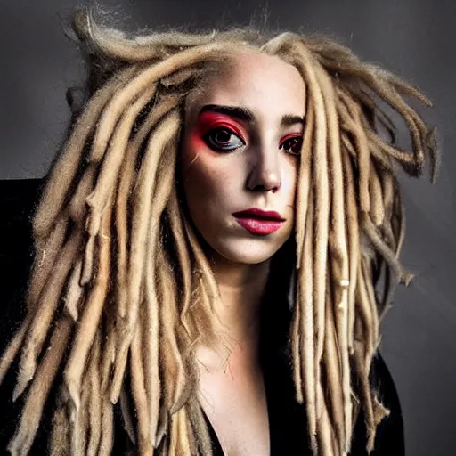 Prompt: instagram photography flawless beautiful female with blonde and red dreadlocks in a black ballgown, dark, piercing eyes, exotic stoic expression, photorealistic, highly detailed, mysterious lighting, smooth, sharp focus, 8 0 mm camera