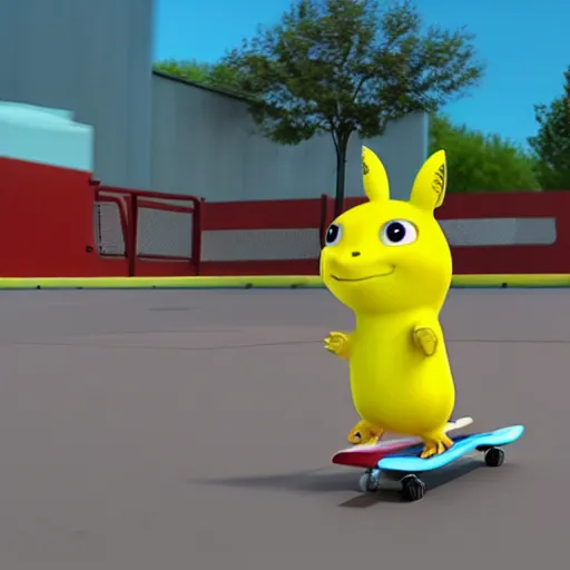 Image similar to Pickachu on a skateboard in a skatepark pixar style