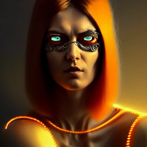 Prompt: woman with extremely large and intricate haircut with angry orange eyes and slim features looking askance, eye cyberpunk bionics, retro futurist style, intricate, elegant gleaming intricate baroque jewelry, angelic halo, highly detailed, digital painting, artstation, concept art, smooth, sharp focus, illustration, art by wlop, mars ravelo and greg rutkowski,