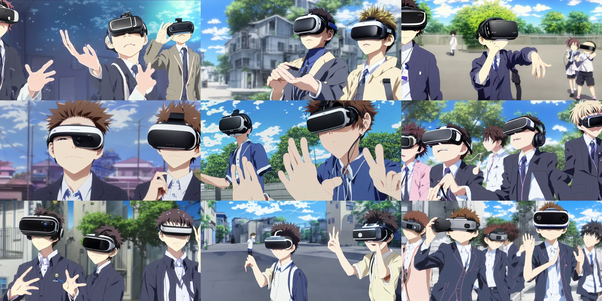 Prompt: screenshot from the Kyoto Animation anime about the boy who wears a virtual reality headset, magical realism, real life blended with virtual reality