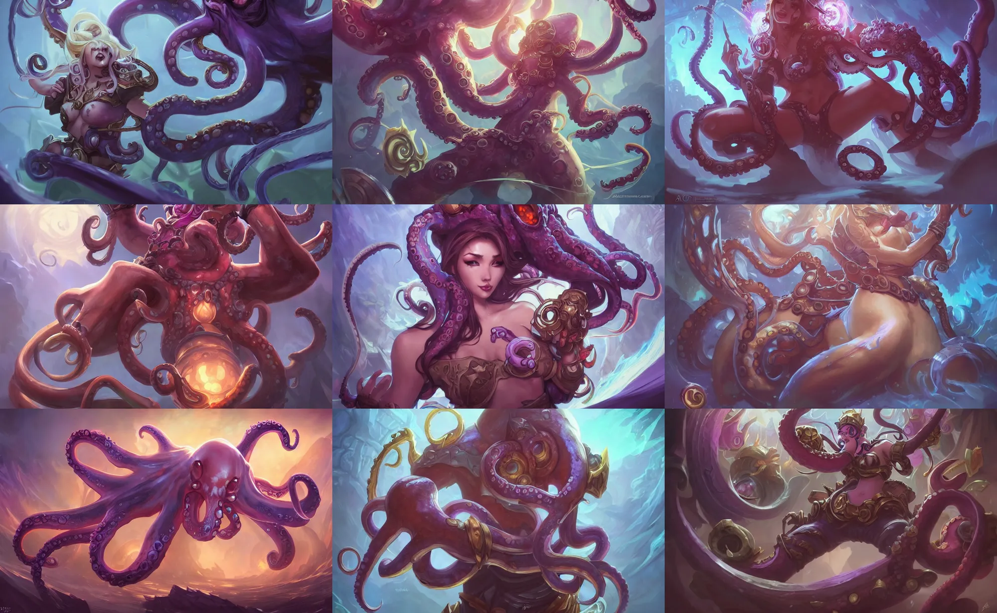 Prompt: octopus, league of legends splash art, hearthstone splash art, world of warcraft splash art, art by artgerm, art by alphonse mucha, trending on artstation