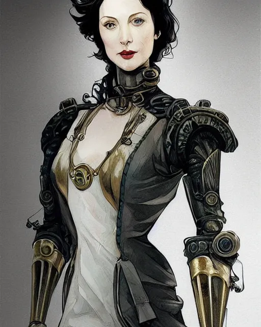 Image similar to in the style of joshua middleton, artgerm, beautiful caitriona balfe, steampunk, bioshock, full body, blue dress, elegant pose, middle shot, spooky, symmetrical face, symmetrical eyes, detailed realisitc eyes, three point lighting, detailed realistic eyes, detailed and intricate