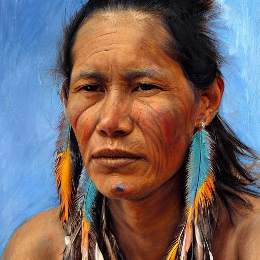 Image similar to high quality high detail painting by jenny saville, hd, a skinny beautiful indigenous woman tribe leader, hair in wind, many pretty feathers, muted colors, cream color, photorealistic lighting