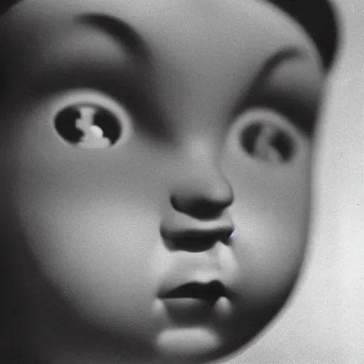 Prompt: a close - up, black and white studio photographic portrait of a doll with a broken face, dramatic backlighting, 1 9 4 0 photo from life magazine