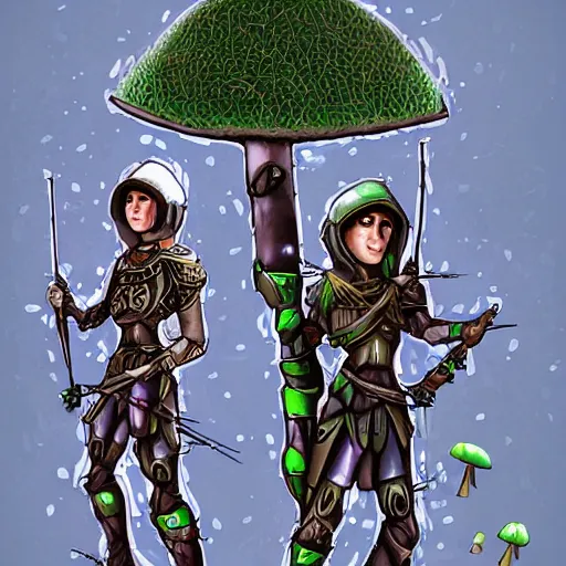 Prompt: cybernetic mushroom archers with medieval armor, digital art, 4K, very detailed