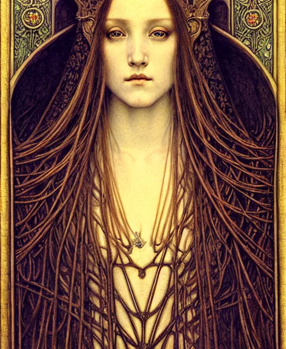 Image similar to detailed realistic beautiful young medieval queen face portrait by jean delville, gustave dore and marco mazzoni, art nouveau, symbolist, visionary, gothic, pre - raphaelite. horizontal symmetry