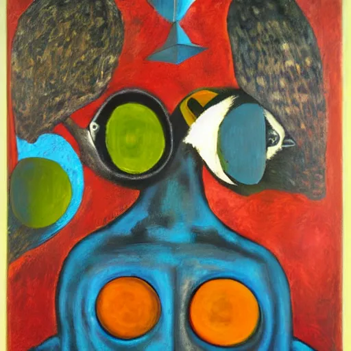 Image similar to Oil painting by Rufino Tamayo. Mechanical gods with bird faces kissing. Oil painting by Lisa Yuskavage.