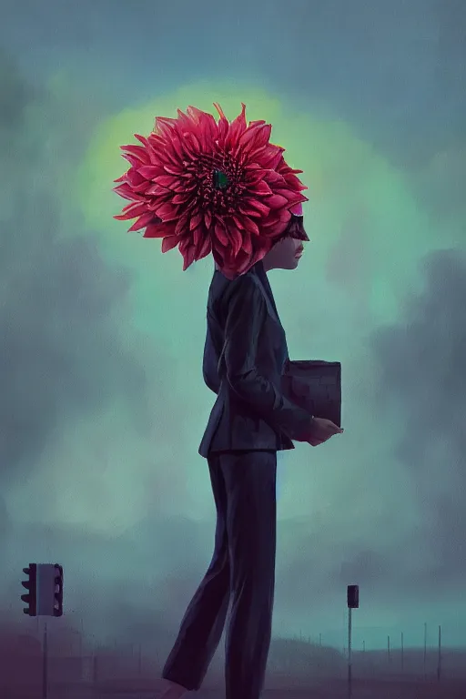 Image similar to portrait giant dahlia flower head, frontal, girl in a suit, standing in street, surreal photography, sunrise, dramatic light, impressionist painting, digital painting, artstation, simon stalenhag