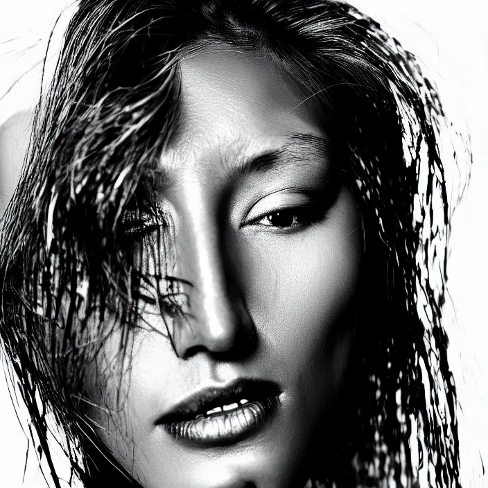 Image similar to photography face portrait on a tropical wallpaper background of a beautiful woman like dichen lachman, black and white photography portrait, skin grain detail, high fashion, studio lighting film noir style photography, by richard avedon, and paolo roversi, nick knight, hellmut newton,