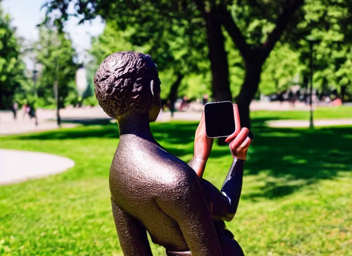 Image similar to photo still of a bronze statue of a woman using an iphone to take a selfie in a park on a bright sunny day, 8 k 8 5 mm f 1 6