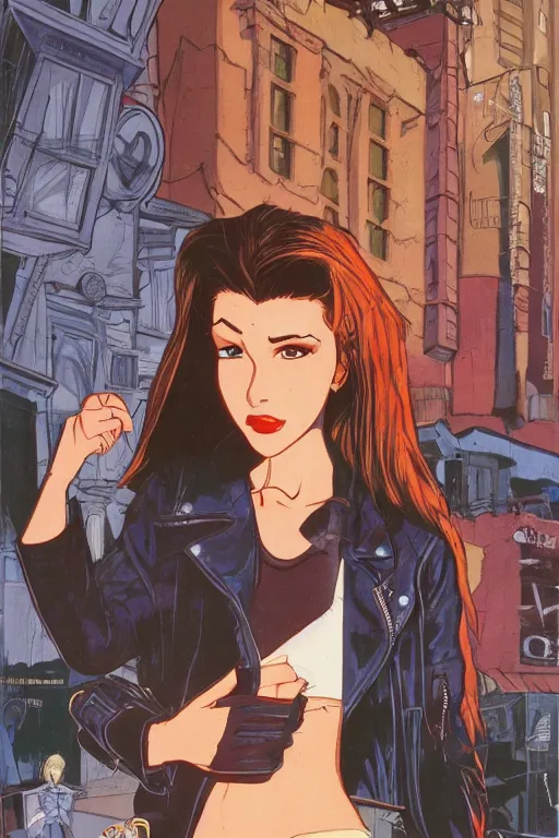 Image similar to portrait of an attractive young female protagonist, center focus, wearing leather jacket, in city street, detailed face, artwork by ralph bakshi