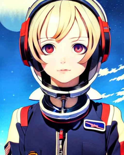 Image similar to ilya kuvshinov anime illustration of young astronaut girl, last exile, murata range, fine detail, perfect anime face, dramatic lighting, dynamic composition, art deco, cel shading, vivid, rich texture, yoshinari yoh, alphonse mucha, ( ( ( colorful ) ) )