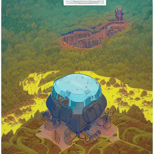 Image similar to aerial isometric view of a giant decaying robot head in middle of lush forest , highly detailed, sunset, by Victo Ngai and James Gilleard , Moebius, Laurie Greasley