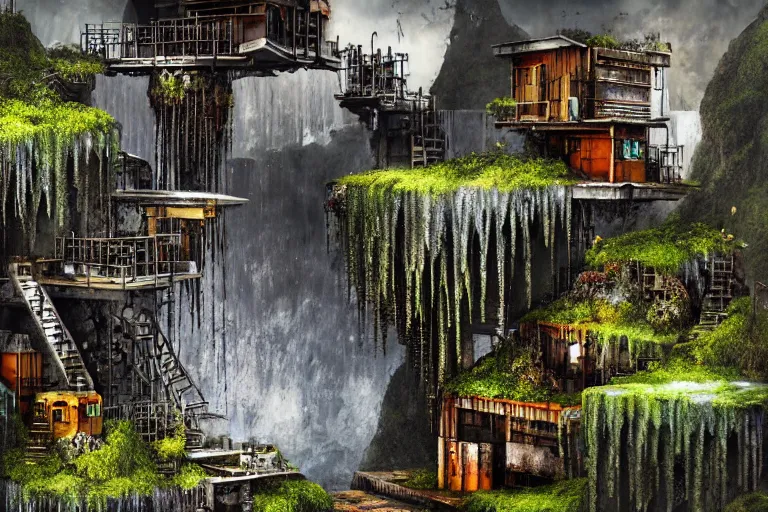 Image similar to gothic waterfall favela honeybee hive, brutalist environment, industrial factory, award winning art, epic dreamlike fantasy landscape, ultra realistic,