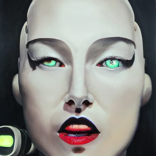 Prompt: hyperrealism oil painting, portrait, fashion model, black robe in complete darkness, sci - fi robot face, in style of classicism mixed with 8 0 s sci - fi hyperrealism