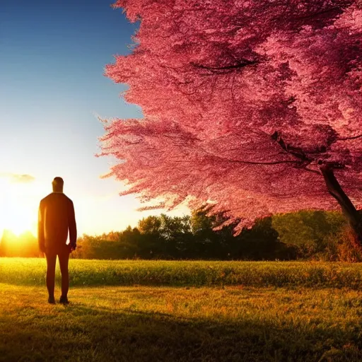 Image similar to man facing the sunset in a beautiful cherry tree forest