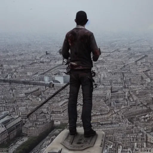 Prompt: A Guy standing a top of Eiffel tower, Zombie apocalypse, Zombie everywhere, Fire everywhere, Building destroyed, People screaming, Horde of zombies,