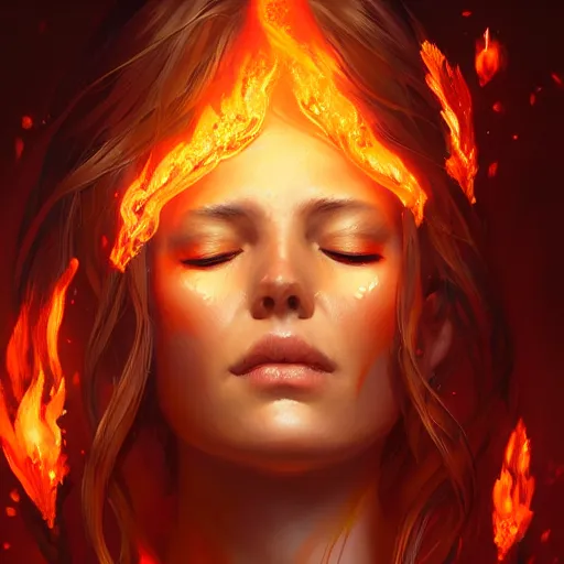 Prompt: a beautiful portrait of a fire goddess with closed eyes, flaming background, a detailed painting by greg rutkowski and raymond swanland, featured on cgsociety, fantasy art, detailed painting, artstation hd, photorealistic