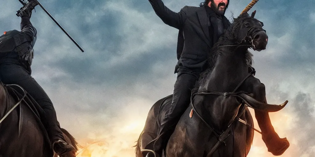 Image similar to Keanu Reaves riding a unicorn, a still over the shoulder from behind shot from John Wick 2, shooting a gun at a man dressed in a Mario Luigi costume, epic fantasy style, digital art