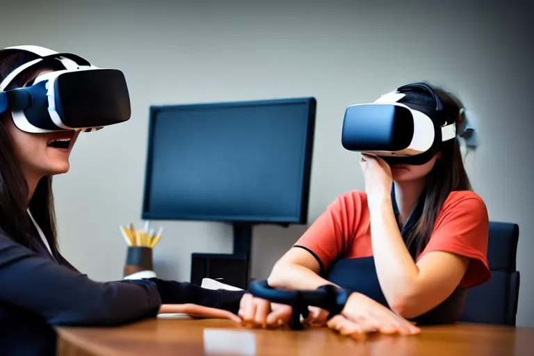 Image similar to A stock photo of a woman sitting at her desk, with a bunch of stuff, wearing a VR-headset, featured on flickr, cluttered