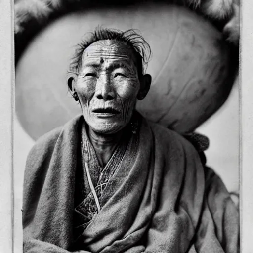 Image similar to ultra realistic vintage photo portrait of a tibetan man with a gigantic hole in the forehead, by Annie Leibovitz,