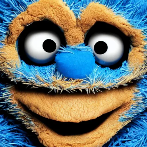 Image similar to meth head cookie monster, 4 k, high detail, high - resolution photograph, professional photography, ultra - detail