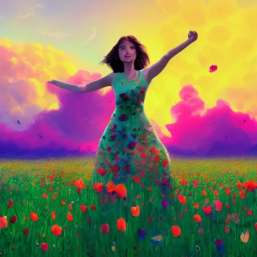 Image similar to girl made of giant flowers, dancing in a vast flower field, arms behind back, surreal photography, sunrise dramatic light, impressionist painting, colorful clouds, large sky, digital painting, artstation, simon stalenhag, flower face