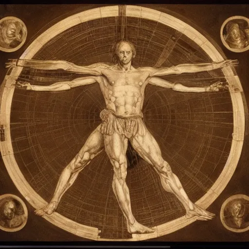 Image similar to Usain Bolt as the Vitruvian Man by leonardo da vinci, detailed, 8k, realistic, intricate blueprint in the style of Franz Xaver Winterhalter