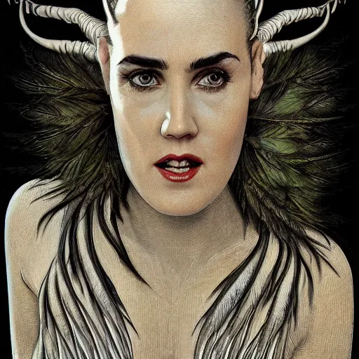 Prompt: young innocent jennifer connelly as youthful alien bird - woman, modestly dressed, gray skin, huge wings, black feathers instead of hair, black feathers growing out of skin, bumpy skin, screaming, losing control, black feathers growing out of face, black hands with black claws, comic book, in library, giger, mucha, trending on artstation