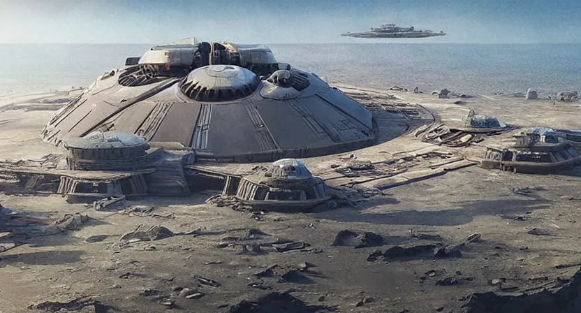 Image similar to the imperial base from Star Wars: Rogue One on Scarif placed on a volcanic planet concept art by Doug Chiang, cinematic,