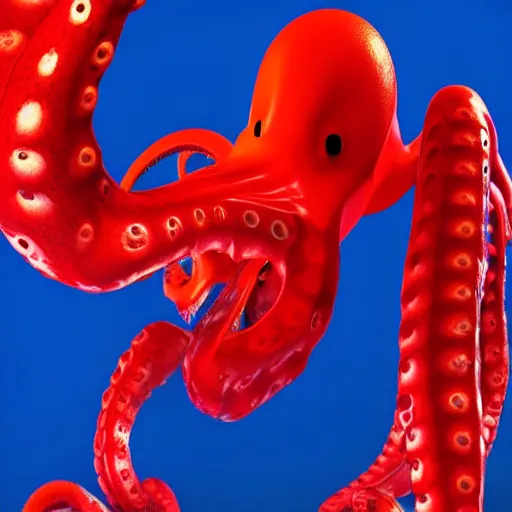 Image similar to portrait of red octopus, sly, cunning, blue background, pixar style animation 3d extremely gloomy lighting, atmospheric, cinematic, detailed illustration unreal Engine, 8K